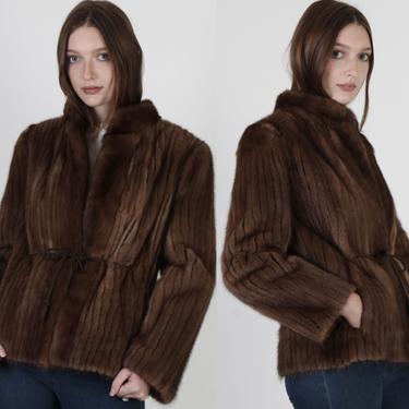 Vintage 80s Brown Mink Fur Waist Coat Cropped Striped Mink Jacket 1980s Ribbed Corded Plush Brown Collar Casual Jacket Small 