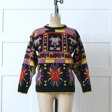 vintage 1980s sweater • bright kachina novelty print acrylic pullover 