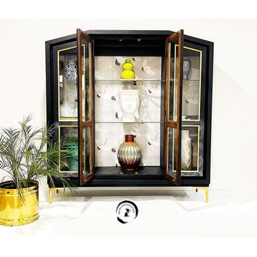 Mid Century Modern Vintage display with glass doors/up cycled hutch top /eclectic display/Storage Cabinet. Colorful Entryway Cabinet. 