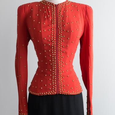 1940's Cayenne Rayon Crepe Studded Zip Front Blouse / Waist 28"
