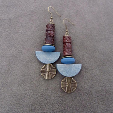 Carved wooden earrings, bold statement earrings, geometric earrings, rustic natural earrings, ethnic tribal earrings, primitive exotic blue 