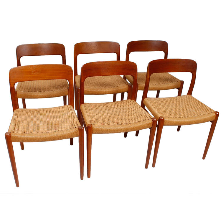Set of 6 Danish Modern Teak Moller #75 Dining Chairs w: Corded Seats