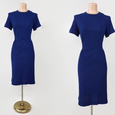 VINTAGE 50s 60s Navy Blue Soft Knit Pencil Dress | 1960s 1950s Mid Century Modern MOD Wiggle Dress | Styled By George Small New York 