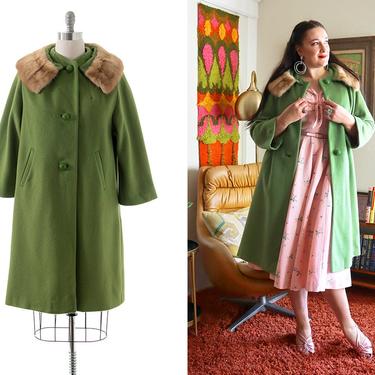 Vintage 1960s Coat | 60s Olive Green Wool & Mink Fur Collar Winter Jacket Car Coat (medium/large) 