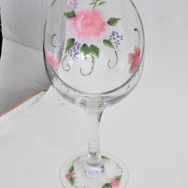 VINTAGE Hand Painted Vase, Oversized Wine Glass,  Wine Glass, 12&amp;quot; Candle Display, Candle Holder, Shabby Chic. Boho Chic Gift for Her 