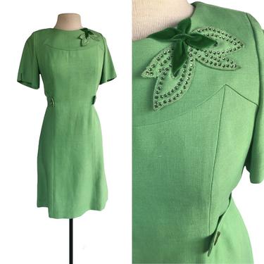 Vintage 60s green sheath dress| floral velvet rhinestone applique| half belt with rhinestone buttons 