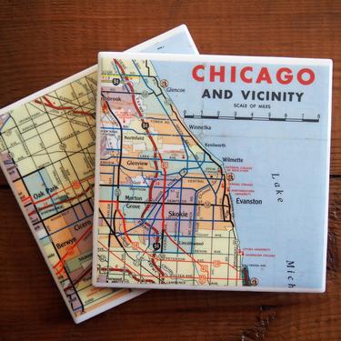 1967 Chicago Illinois Vintage Map Coasters Set of 2 - Ceramic Tile - Repurposed 1960s State Highway Map - Handmade - Lake Michigan 