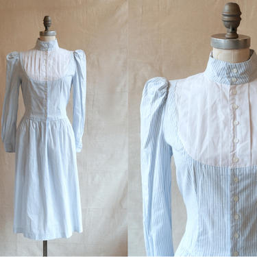 Vintage 80s Striped Cotton Puff Sleeve Dress/ 1980s Blue White Striped Dress/ Size Small Medium 