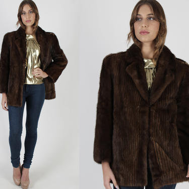 Vintage 80s Brown Mink Fur Jacket / Casual Winter Corded Plush Coat / Glamorous Shawl Collar Thin Striped Dark Jacket 