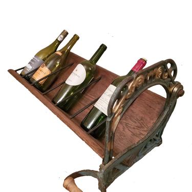Wine Bottle Display Rack fashioned from 19th C. French Bakery Cast Iron &amp; Wood Countertop Bread Slicer / Cutter  -  antique wine decor 