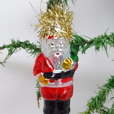 Vintage Hand Painted Clear Glass Santa Light Cover Christmas Tree Ornament, with Tinsel 