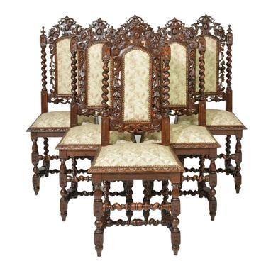 Chairs, Dining, Side, Barley Twist, 6 Heavily Carved Oak Chairs, Gorgeous!