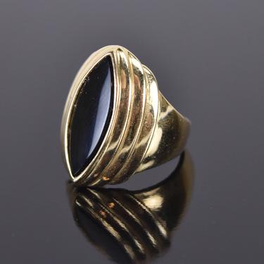 Vintage Estate Solid 14k Stepped Gold Ring w Marquise Shape Onyx Center Stone 