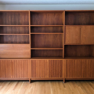 10ft Danish Modern Teak Wall Unit with Shelving and Cabinets 