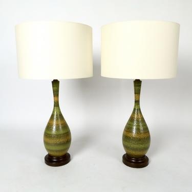 Pair of Green & Yellow Ceramic Lamps With New Shades