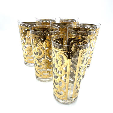 Georges Briard Spanish Gold High Ball Glasses, Set of 8, 22K Scroll Pattern, Mid Century Modern Barware, Vintage Cocktail Tumblers 
