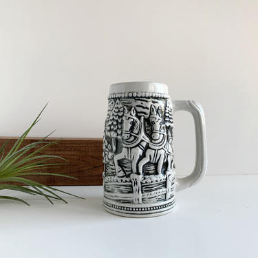 Jamestown China Stein, White and Black Beer Mug with Horse-Drawn Wagon and Winter Scene, Vintage Shelf Decor 
