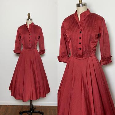 Vintage 1950s Dress 50s Shirtwaist Fit and Flare Brick Red Cotton and Silk 