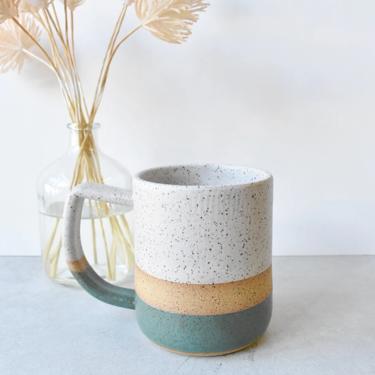 Speckled Stoneware White and Forest Green Color Block Handmade Ceramics Mug 