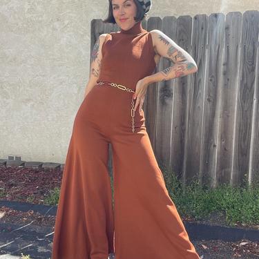 70s coffee brown sleeveless jumpsuit with turtle neck and wide leg bells 
