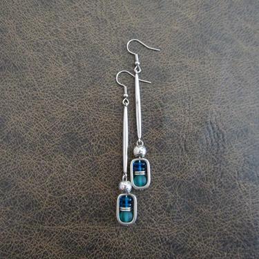 Sea glass earrings, bohemian earrings, beach earrings, silver boho earrings, long teal dangle earrings, artisan ethnic earring, simple chic 