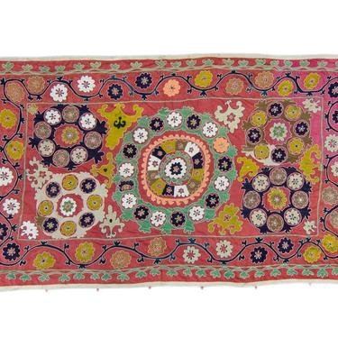 Vintage Suzani 53’ x 88.5” Uzbek Magenta Green Cotton Hand-Embroidered Floral Design Samarkand Blanket Bed Throw Wall Hanging 1930's 