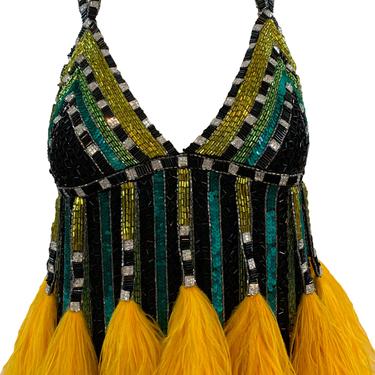 Bob Mackie Beaded Feather Mini Yellow Showgirl Dress