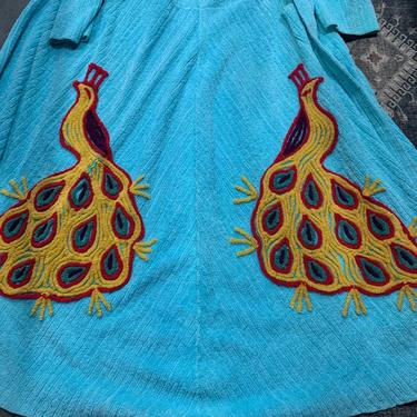 Amazing 1940s Aqua Chenille Double Peacock Robe With Pocket & Attached Belt 