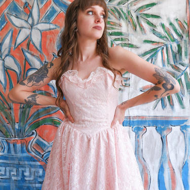 Vintage 80s Pink Lace Gunne Sax Strapless Dress/ 1980s Pastel Sweetheart Gown/ Size Small 
