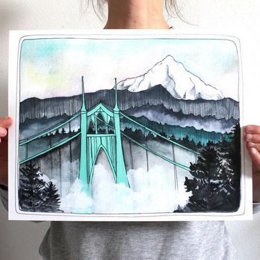 St Johns Bridge with Mt Hood Print