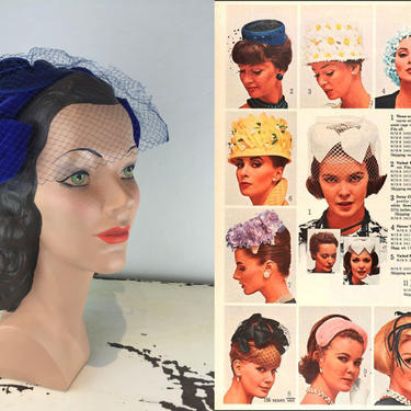 Adorned From Above - Vintage 1950s 1960s Royal Blue Satin Veiled Fascinator Half Hat 