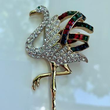 Vintage Flamingo Brooch - Duchess of Windsor - Swarovski Crystals Set in Goldtone metal - Signed Carolee 