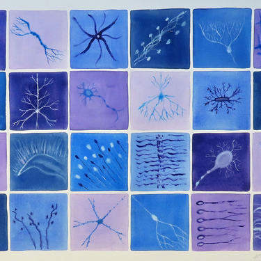 Brain Cells in Violet and Blue - original watercolor painting of neurons - Neuroscience Art 