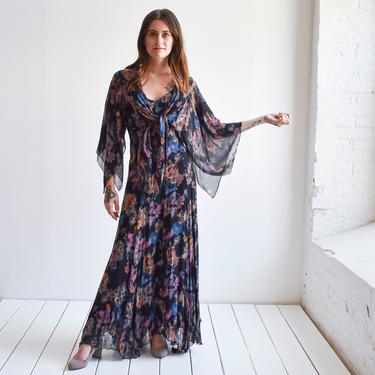 1970s Black Floral Gown with Shrug 