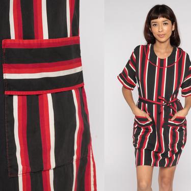60s Mini Dress Striped 60s Shift Mod Black Red White Boho Hippie Dress Vintage 70s Cotton Day Dress Short Sleeve Minidress Medium 