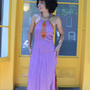 1960s 1970s Linen Tie Dye Halter Neck Style Maxi Dress with Side Slits 