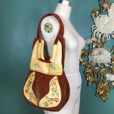 1970s suede purse, tooled leather purse, vintage 70s handbag, hand painted, hippie purse, boho style, bohemian purse, festival, suede 