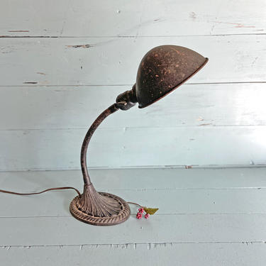 Vintage Industrial Art Deco Cast Iron Gooseneck Desk Lamp, Black And Brown Speckled | Lamp For Study, Rustic, Perfect Gift 