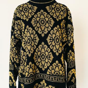 1980s Black and Gold Metallic Brocade Sweater, sz. M