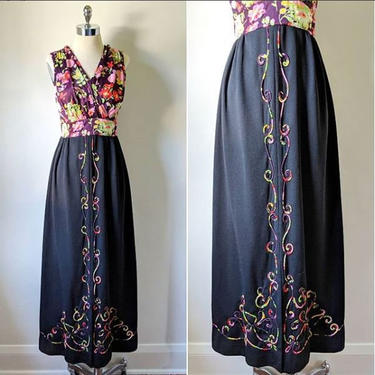 vintage 60s/70s poly floral scroll evening maxi dress in burgundy and black size M-L by BetaGoods