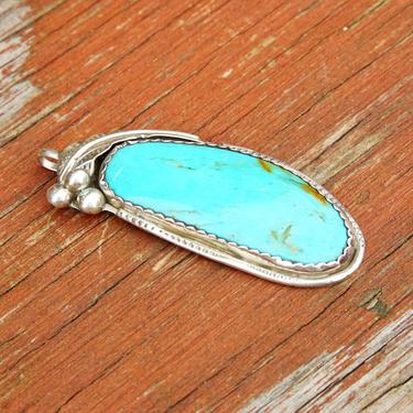Vintage Signed Native American Sterling Silver Turquoise Pendant, E Sterling, Large Blue Turquoise Stone, Silver Leaf & Berry Design, 2 3/4&quot; 