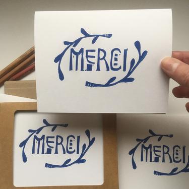 Block print Notecards, Linocut, Hand printed cards, French words, Thank you notes, Card Sets 