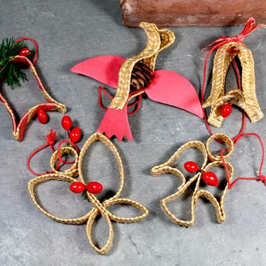 Set of 5 Woven Reed Ornaments - Angels, Bells and Dove Basket Weave Ornaments   | FREE SHIPPING 