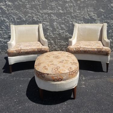Beautiful Vintage Designer Low Seated Highback Club Chairs and Ottoman