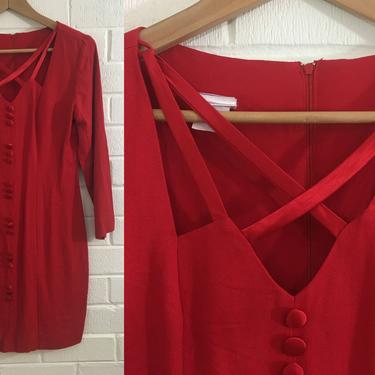 Vintage Red Frederick's of Hollywood Button Down Dress Fitted Bodycon Shift 1980s 1990s 90s USA Long Sleeve Strappy Women's 5 6 Small XS 