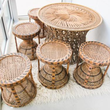 Vintage Woven Rattan Table and Set of 5 Stools - Made In Japan 
