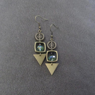 Antique bronze earrings, bling, green crystal earrings, artisan rustic earrings, ethnic earrings, boho chic earrings, unique earrings 