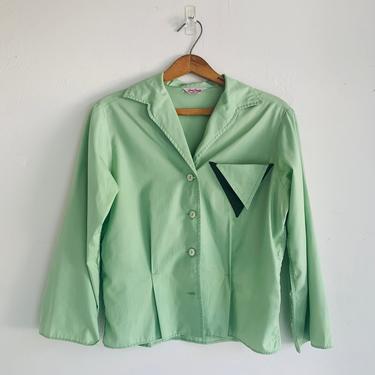 MCM Mint and Forest Two Tone Detail Blouse 38 Bust Vintage 
