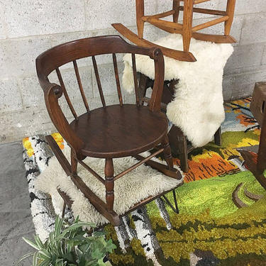 LOCAL PICKUP ONLY Vintage Rocking Chair Retro 1960s Dark Brown Wood + Curved Barrel Bar Back + Scrolled Arms +  Colonial Rocker for Children 