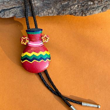 Vtg Unique Native American Red Jug Shape Hand Painted Slide Pendant Bolo Tie on Black Braided Leather Cord / 